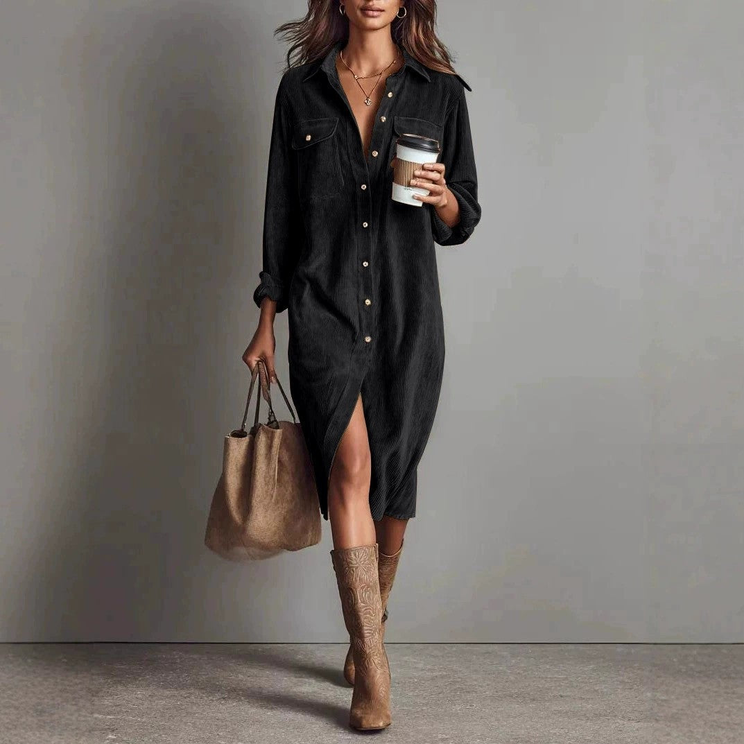 Turn-Down Collar Buttons Chic Casual Dress
