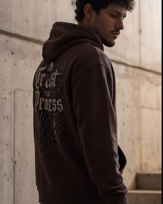 IVN Atelier Trust The Process fleece zip-up hoodie displayed, featuring a soft fabric and casual style with front zipper and hoodie.