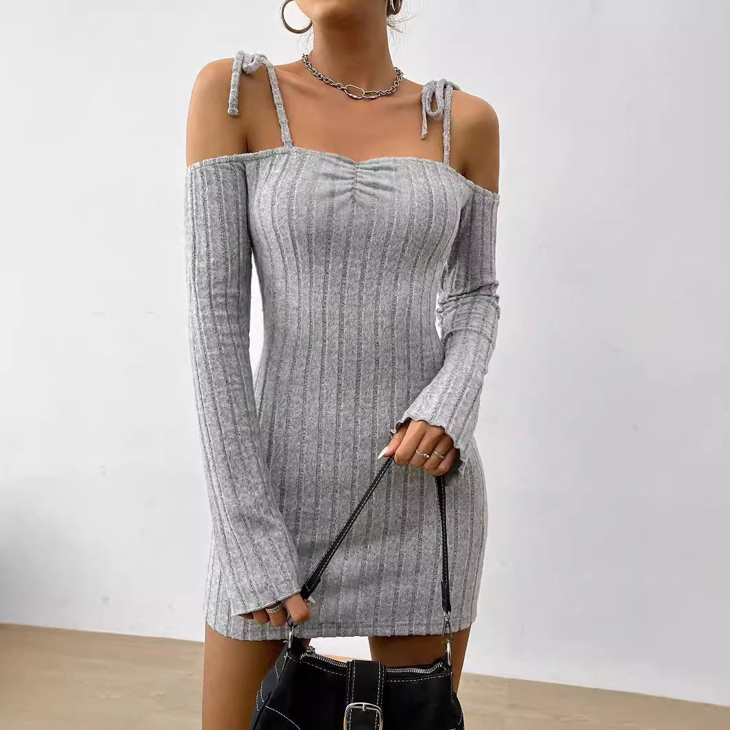 Lightly Mature Strap Sling Dress Boat Collar Elegant Slim Fit