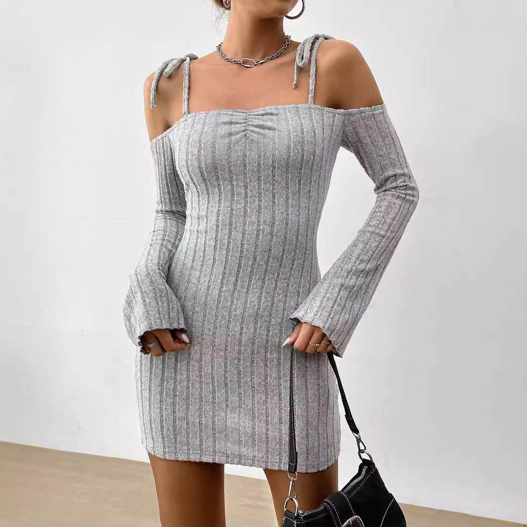 Lightly Mature Strap Sling Dress Boat Collar Elegant Slim Fit