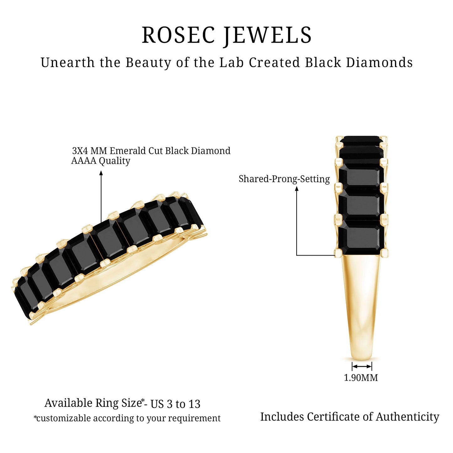 Emerald Cut Lab Created Black Diamond Half Eternity Band in Silver
