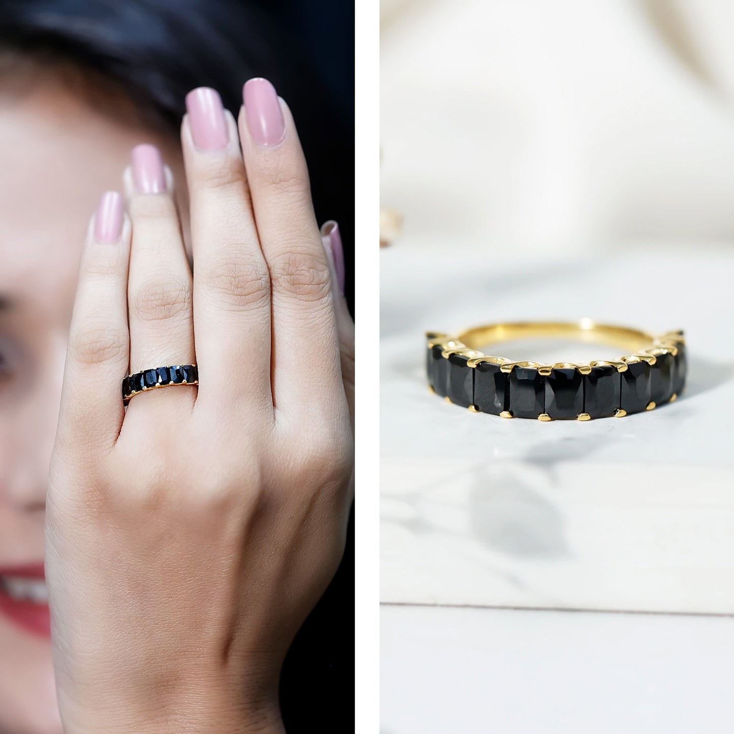 Emerald Cut Lab Created Black Diamond Half Eternity Band in Silver