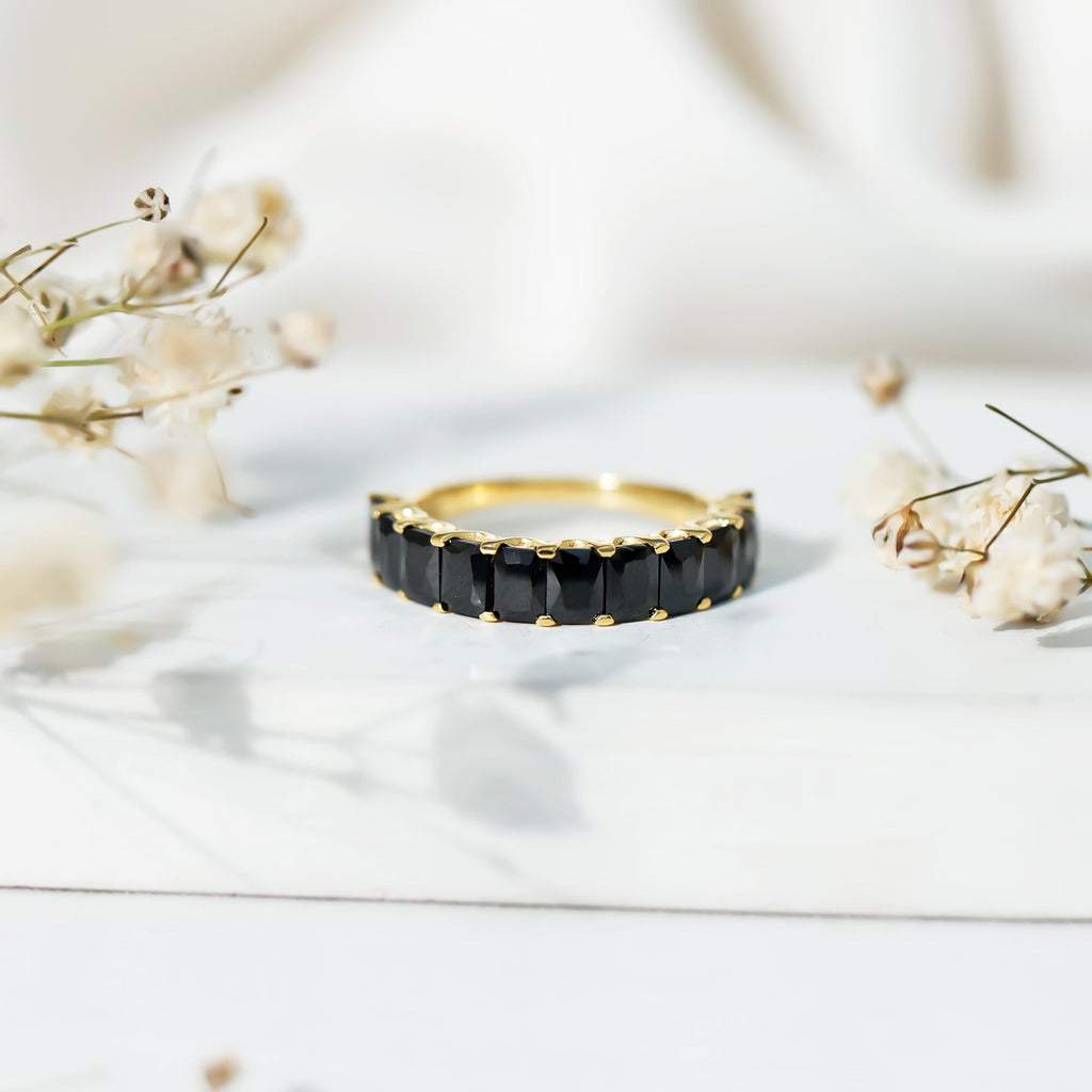 Emerald Cut Lab Created Black Diamond Half Eternity Band in Silver