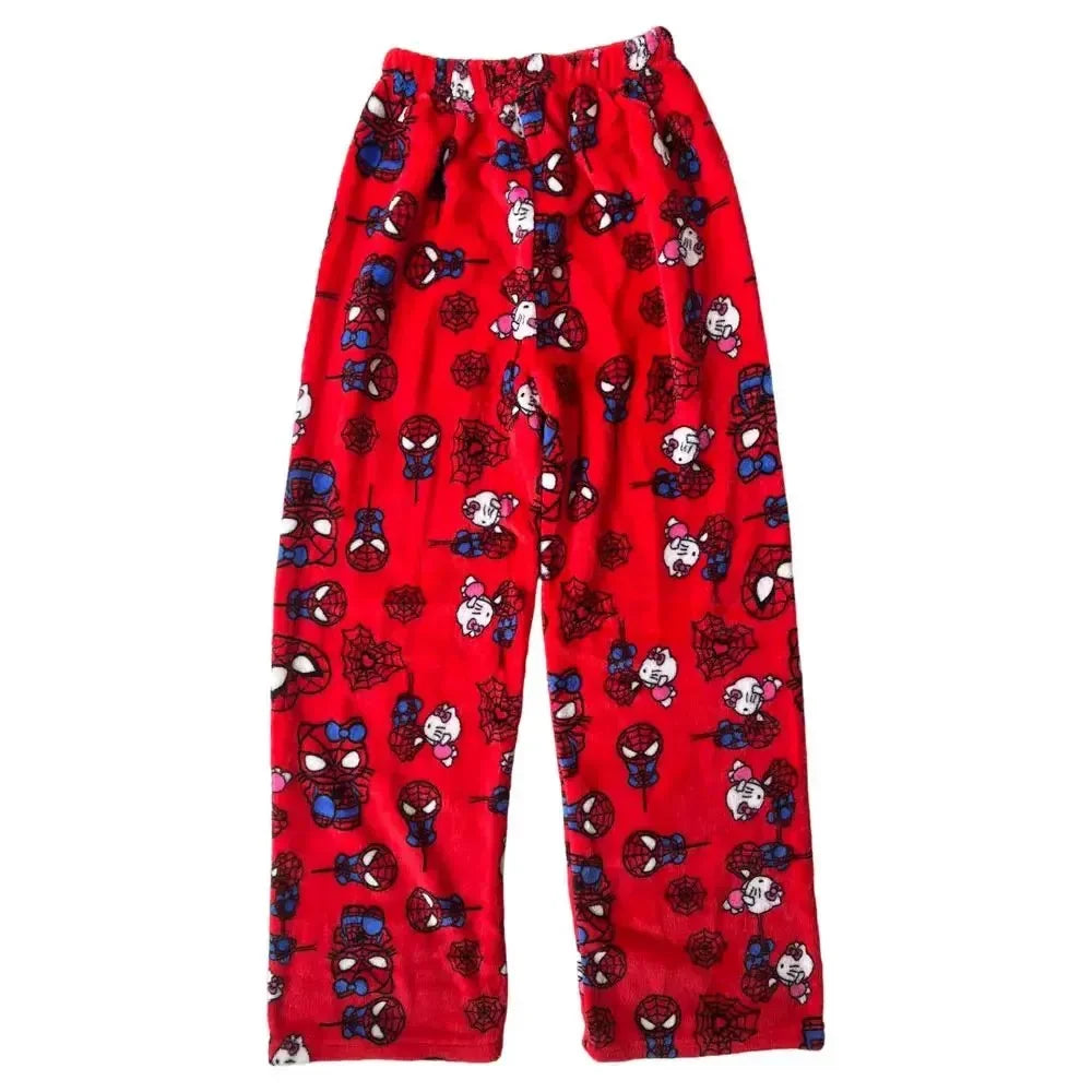 2025 New Y2K Hello Kitty SpiderMan Sleeping Pants Anime Pajama Pants Flannel Soft Casual Pants Cartoon Home Trousers Couple Gift