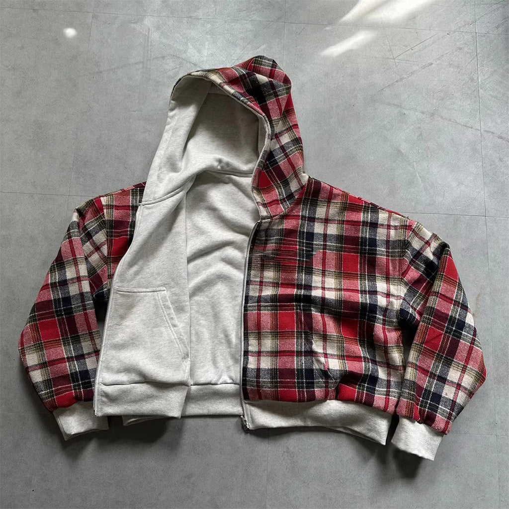 Sudadera con capucha y cremallera estilo retro informal, modelo 2025, con rayas y cuadros azules góticos en la parte delantera y trasera. Estilo hip hop de los 90, corte holgado, color gris.