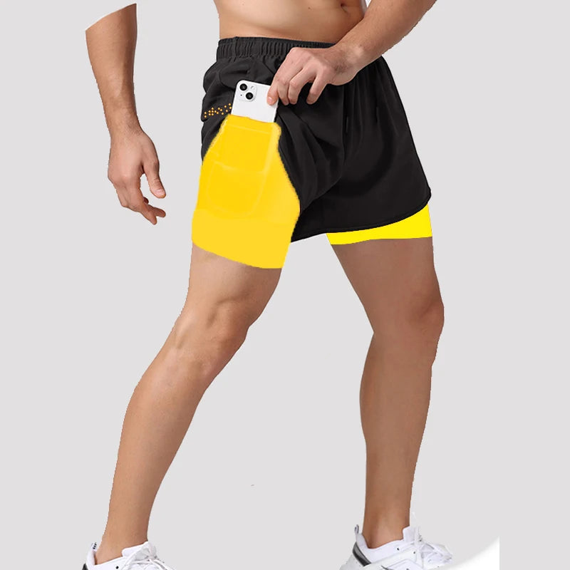 Short de sport 2 en 1 pour homme, idéal pour la course, la gym et le jogging. Séchage rapide. Short d'été parfait pour l'entraînement et le fitness.