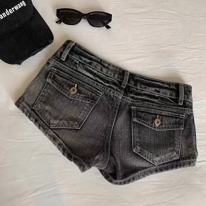 Vintage Denim Shorts Women Black Grey Washed Low Waist Elastic Shorts Jeans
