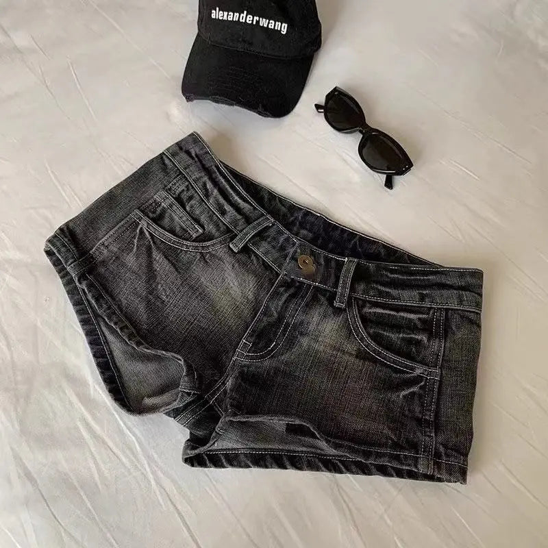 Vintage Denim Shorts Women Black Grey Washed Low Waist Elastic Shorts Jeans