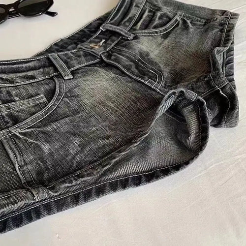 Vintage Denim Shorts Women Black Grey Washed Low Waist Elastic Shorts Jeans