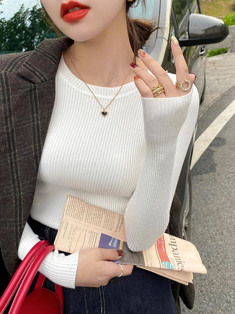 Fashion O-neck Slim Jumper 2025 Autumn Winter Women Sweater Solid Long Sleeve Basic Pullovers Elastic Knitted Base Layer Top
