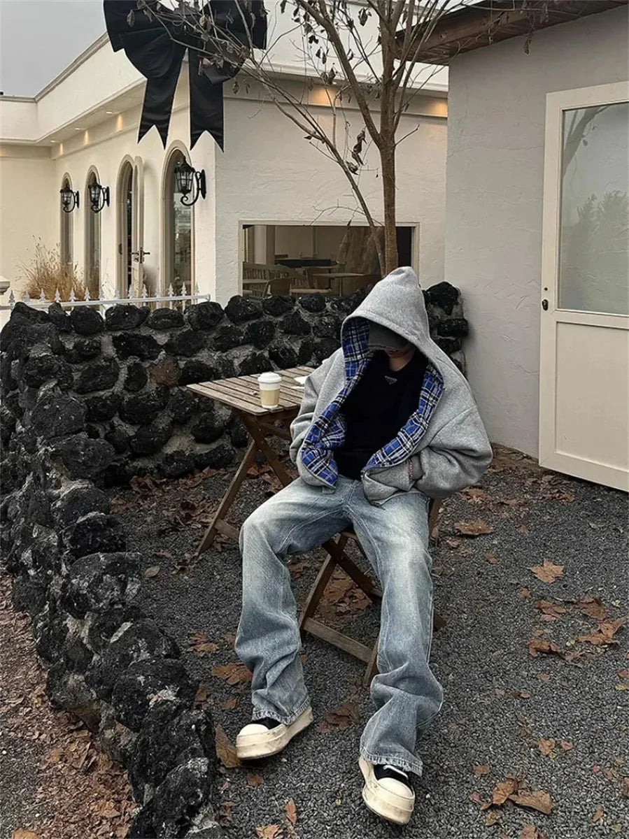 Sudadera con capucha y cremallera estilo retro informal, modelo 2025, con rayas y cuadros azules góticos en la parte delantera y trasera. Estilo hip hop de los 90, corte holgado, color gris.