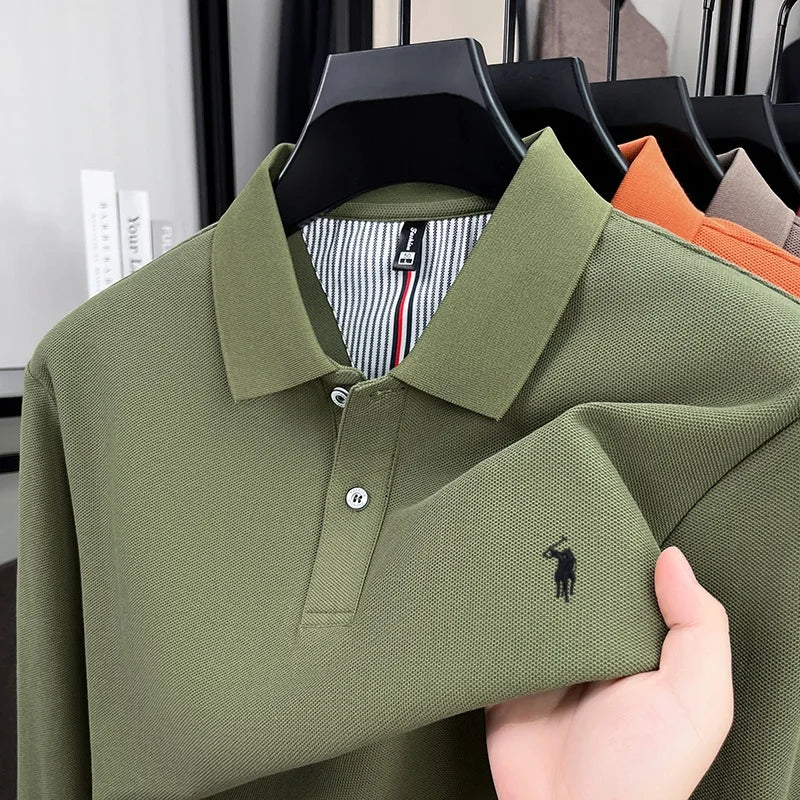 100% pure cotton men's fashion sports brand embroidered pony long sleeved POLO shirt