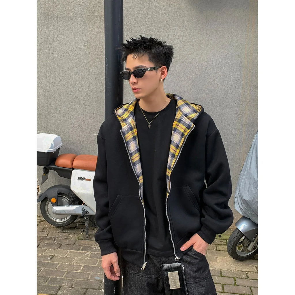 Sudadera con capucha y cremallera estilo retro informal, modelo 2025, con rayas y cuadros azules góticos en la parte delantera y trasera. Estilo hip hop de los 90, corte holgado, color gris.