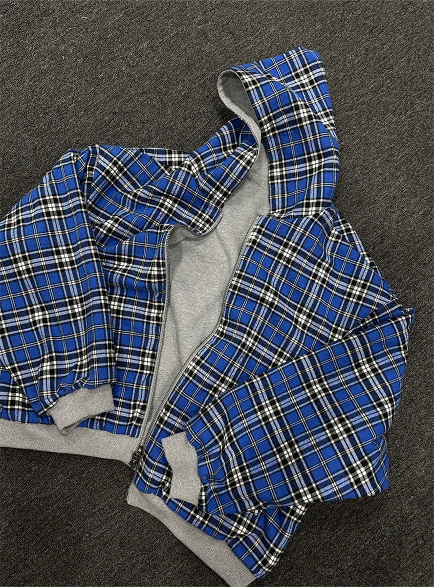 Sudadera con capucha y cremallera estilo retro informal, modelo 2025, con rayas y cuadros azules góticos en la parte delantera y trasera. Estilo hip hop de los 90, corte holgado, color gris.