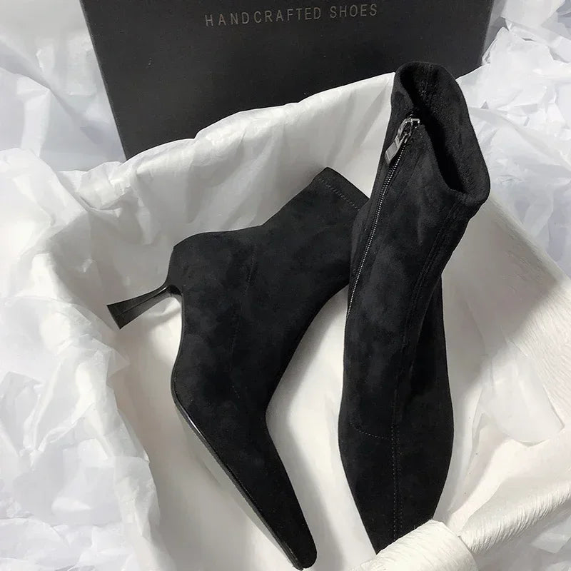 Bottines chaussettes à bout pointu, fermeture éclair latérale, talons fins, chaussures d'automne-hiver pour femmes