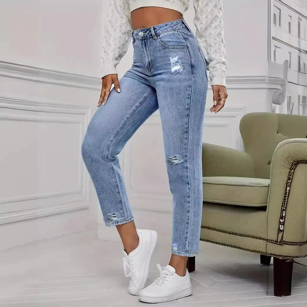 Casual Washed Ripped Jeans for Women Spring and Summer New Fashion Straight Nine Minutes of Pants Women