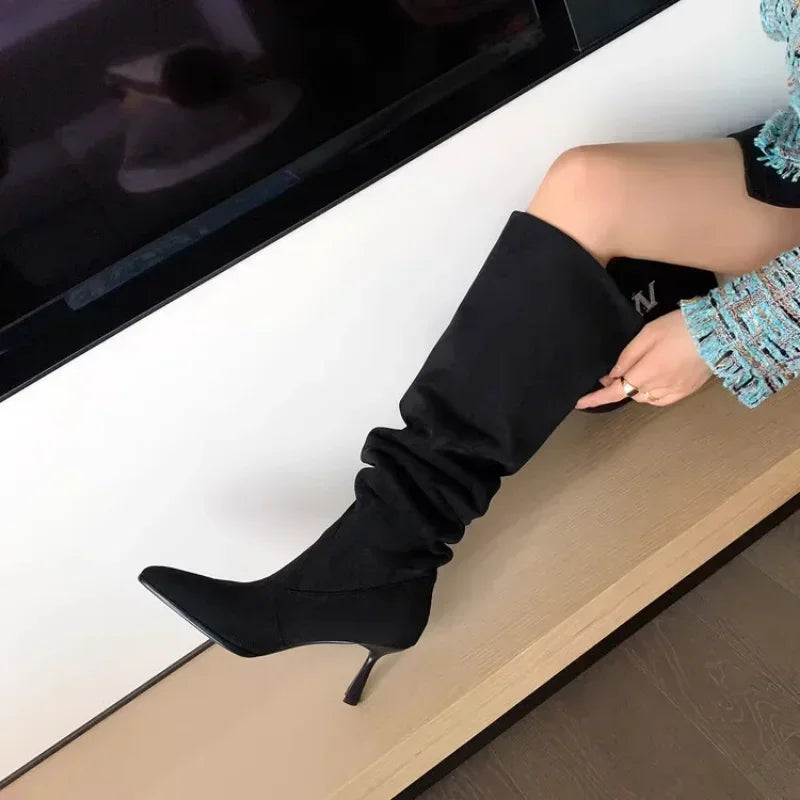 Women Pointed Toe Thin High Heels Ankle Boots  Autumn Fashion Pleated Cowboy Women Faux Suede Woman Slip on Western Botas