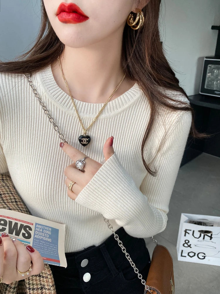 Fashion O-neck Slim Jumper 2025 Autumn Winter Women Sweater Solid Long Sleeve Basic Pullovers Elastic Knitted Base Layer Top