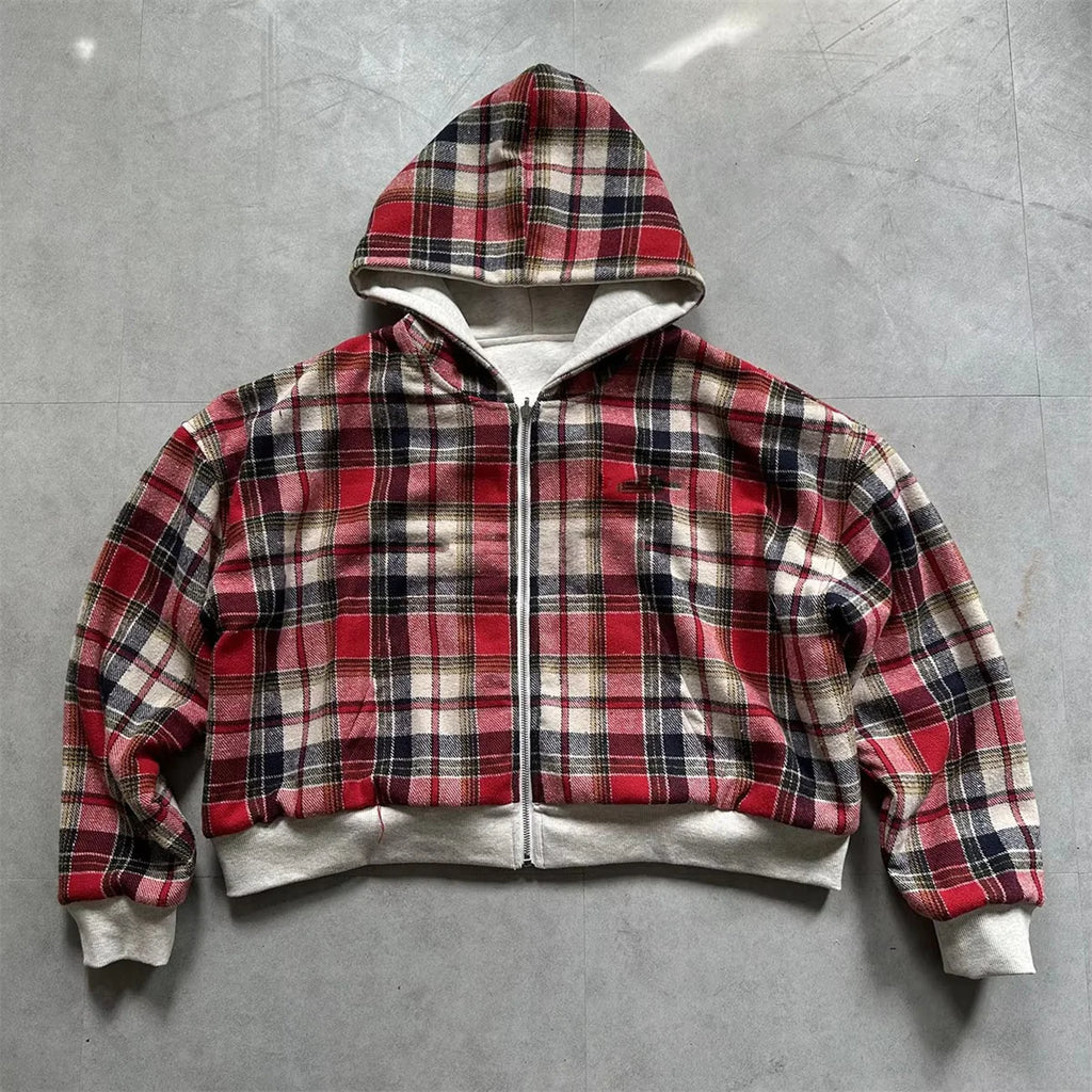 Sudadera con capucha y cremallera estilo retro informal, modelo 2025, con rayas y cuadros azules góticos en la parte delantera y trasera. Estilo hip hop de los 90, corte holgado, color gris.