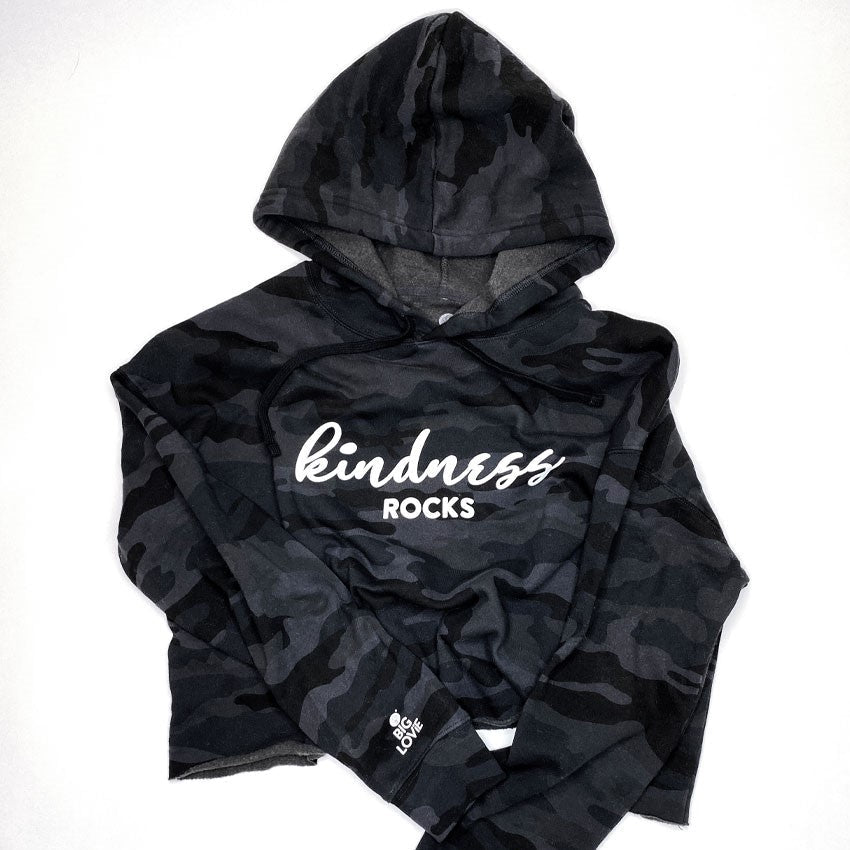 KINDNESS ROCKS HOODIE CROP SWEATSHIRT | BLACK CAMO