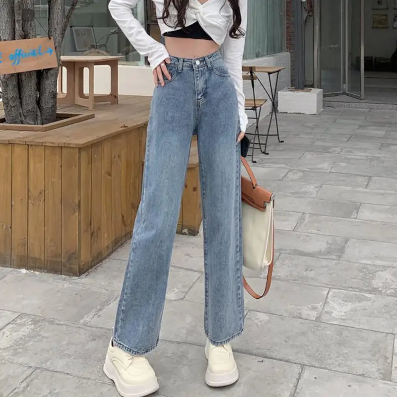 Spring Autumn Straight Jeans 2025 Women Denim Pants Vintage Fashion Female Solid High Waist Jeans Casual Trousers Wide Leg Pants