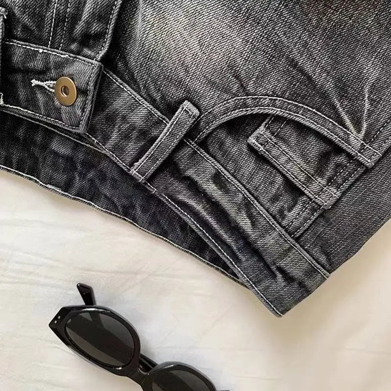 Vintage Denim Shorts Women Black Grey Washed Low Waist Elastic Shorts Jeans