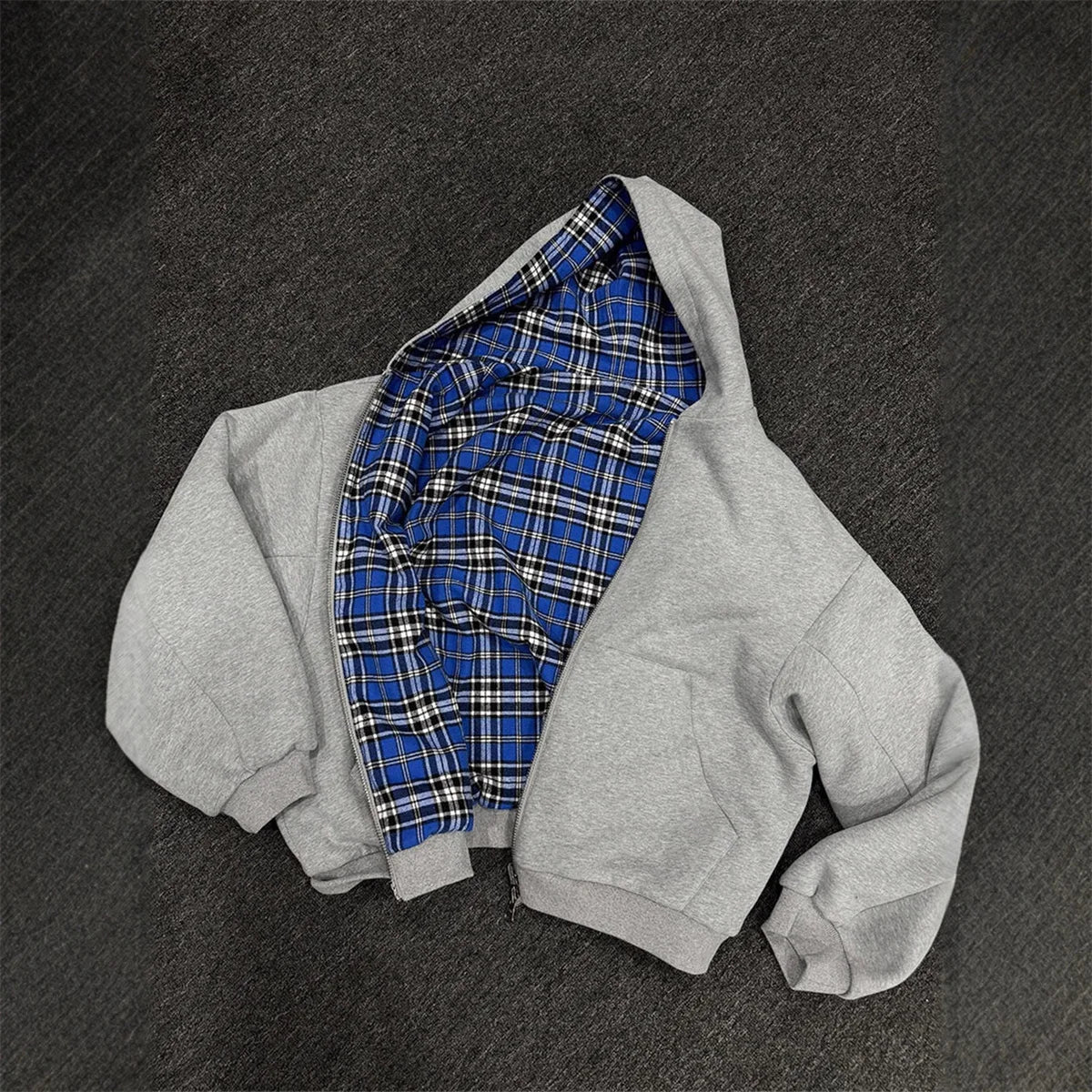 2025 New Casual Retro Zipper Hoodie Gothic Blue Striped Plaid Front and Back Two Sweatshirt 90s Hip Hop Loose Gray Sweatshirt