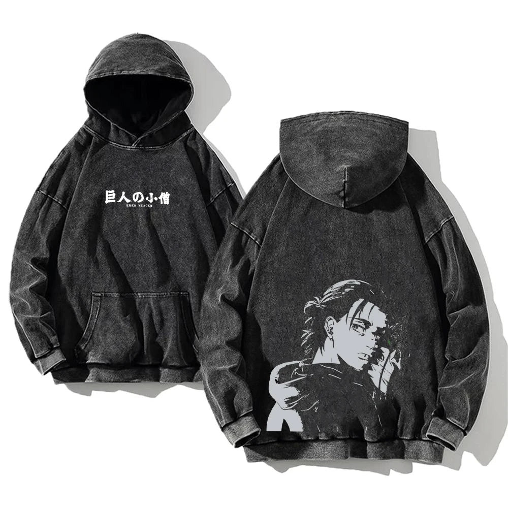 Vintage Washed Hoodies Attack on Titan Cotton Women Men