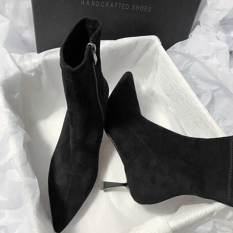 Bottines chaussettes à bout pointu, fermeture éclair latérale, talons fins, chaussures d'automne-hiver pour femmes