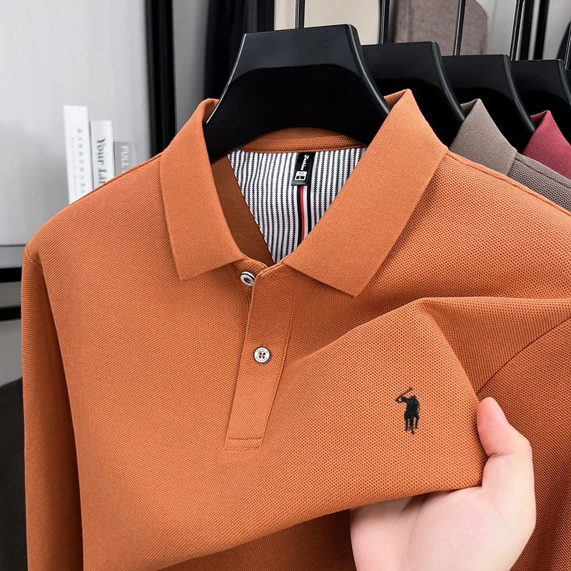 men's fashion sports brand embroidered pony long sleeved POLO shirt