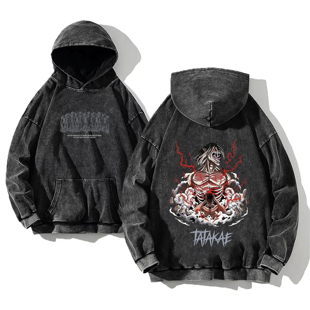 Vintage Washed Hoodies Attack on Titan Cotton Women Men