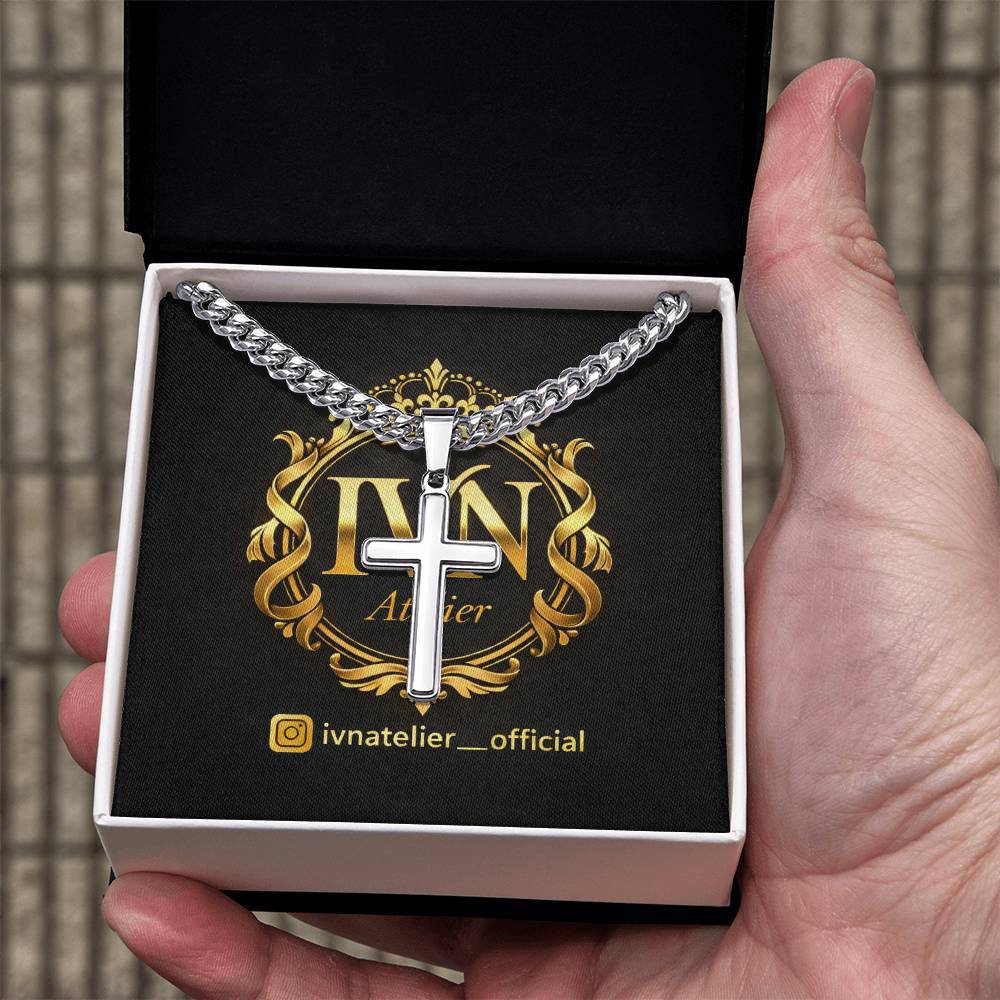 Luxury Artisan Cross Pendant  Stainless Steel Cuban Link Chain 18K Gold Finish Available.