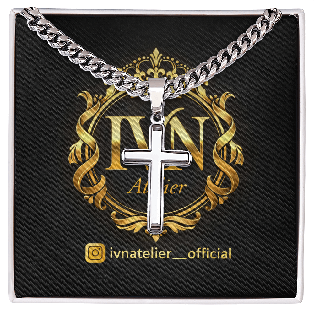 Luxury Artisan Cross Pendant  Stainless Steel Cuban Link Chain 18K Gold Finish Available.