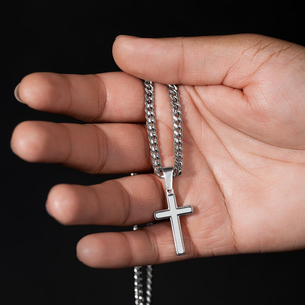 Luxury Artisan Cross Pendant  Stainless Steel Cuban Link Chain 18K Gold Finish Available.