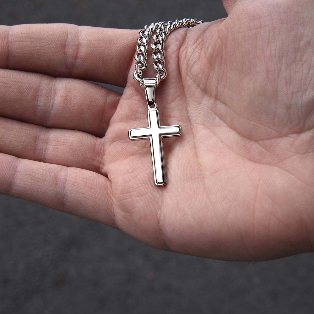 Luxury Artisan Cross Pendant  Stainless Steel Cuban Link Chain 18K Gold Finish Available.