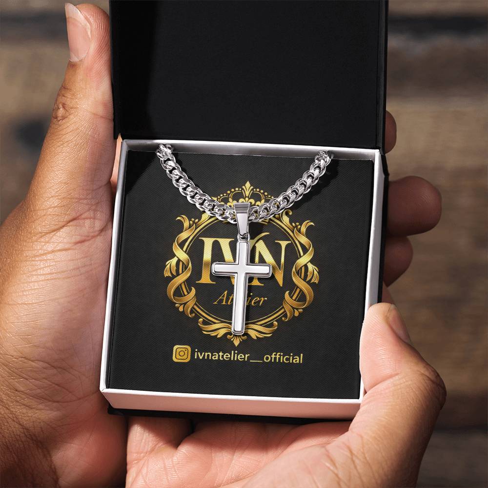 Luxury Artisan Cross Pendant  Stainless Steel Cuban Link Chain 18K Gold Finish Available.