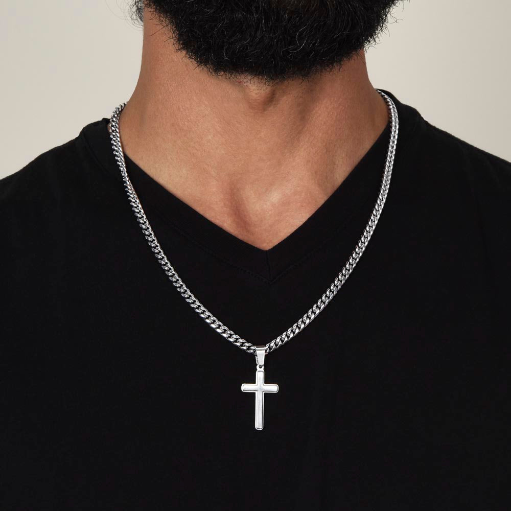 Luxury Artisan Cross Pendant  Stainless Steel Cuban Link Chain 18K Gold Finish Available.