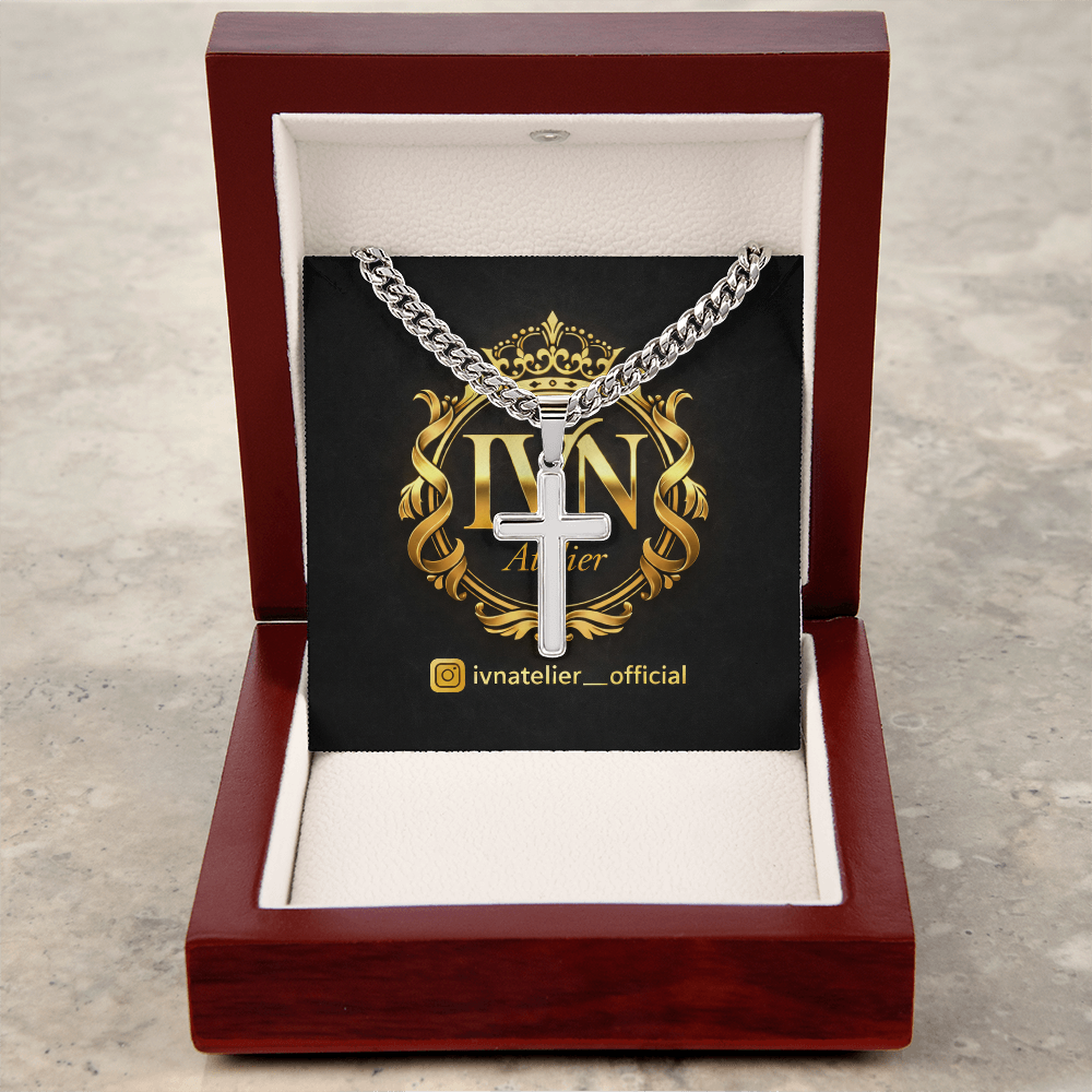 Luxury Artisan Cross Pendant  Stainless Steel Cuban Link Chain 18K Gold Finish Available.