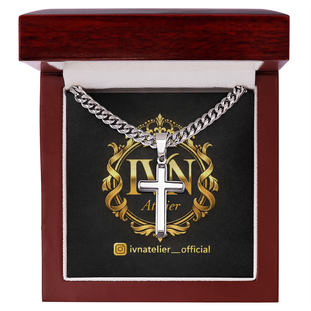 Luxury Artisan Cross Pendant  Stainless Steel Cuban Link Chain 18K Gold Finish Available.