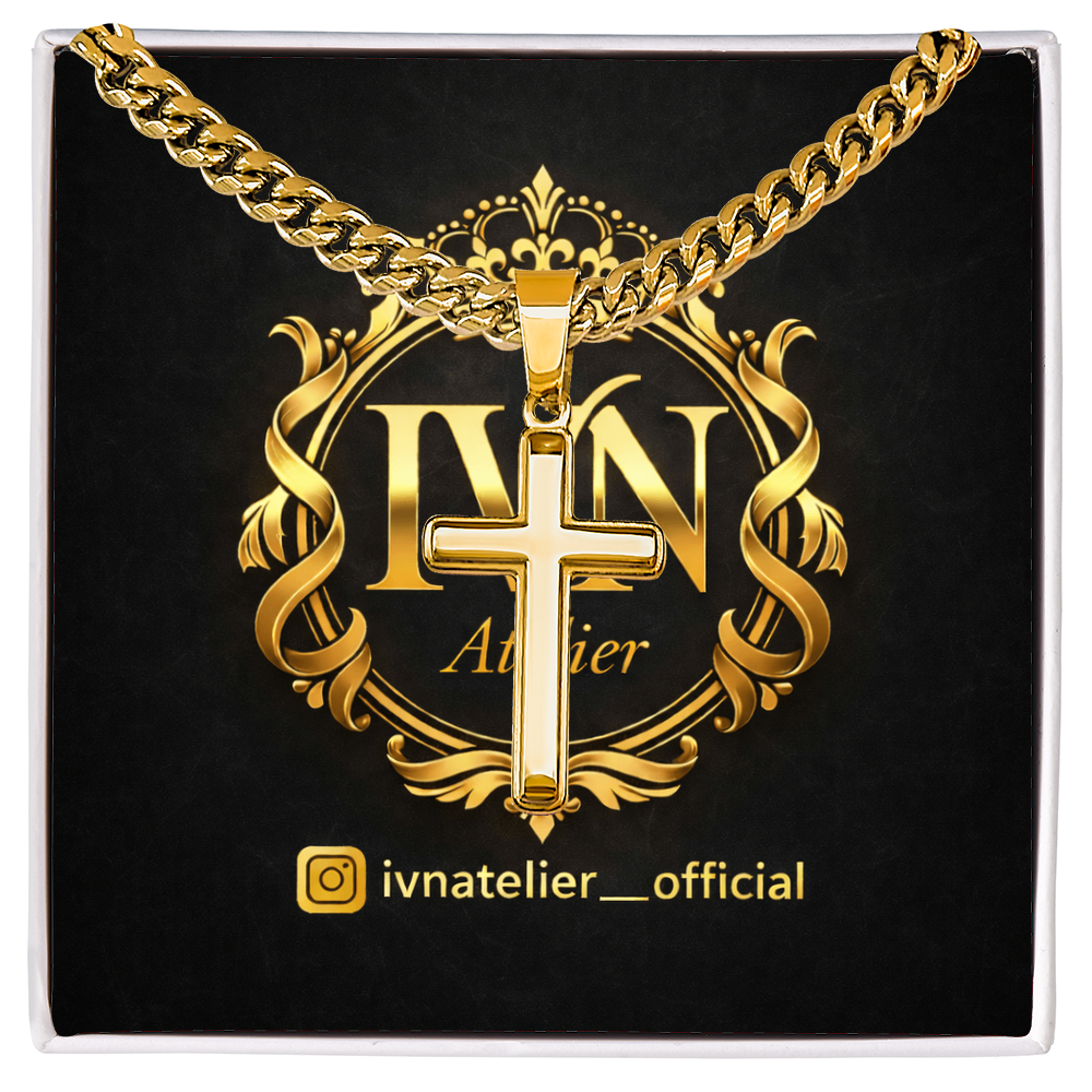 Luxury Artisan Cross Pendant  Stainless Steel Cuban Link Chain 18K Gold Finish Available.