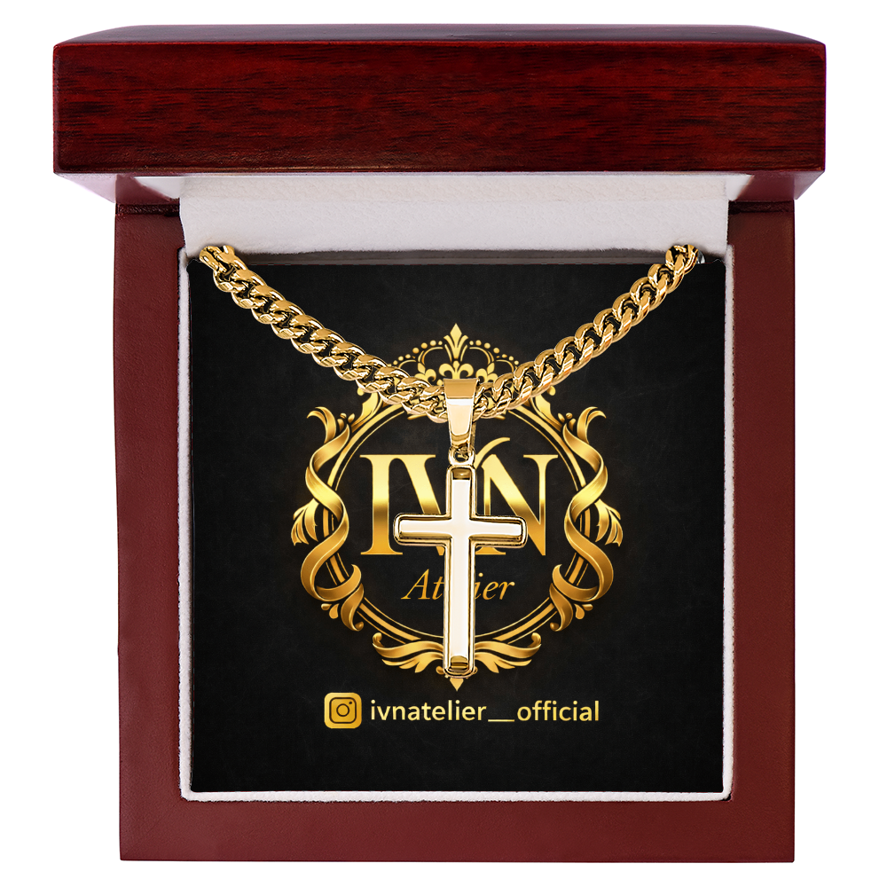 Luxury Artisan Cross Pendant  Stainless Steel Cuban Link Chain 18K Gold Finish Available.