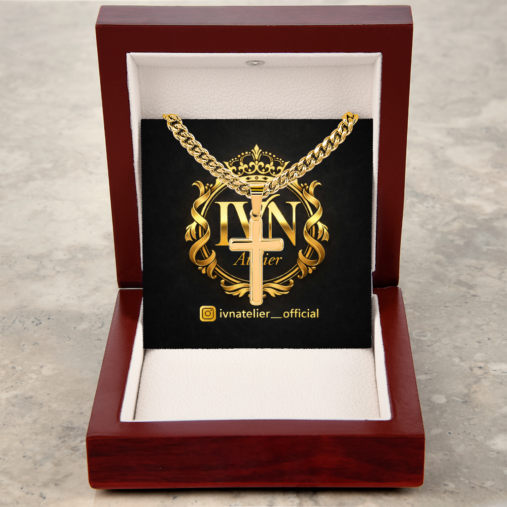 Luxury Artisan Cross Pendant  Stainless Steel Cuban Link Chain 18K Gold Finish Available.