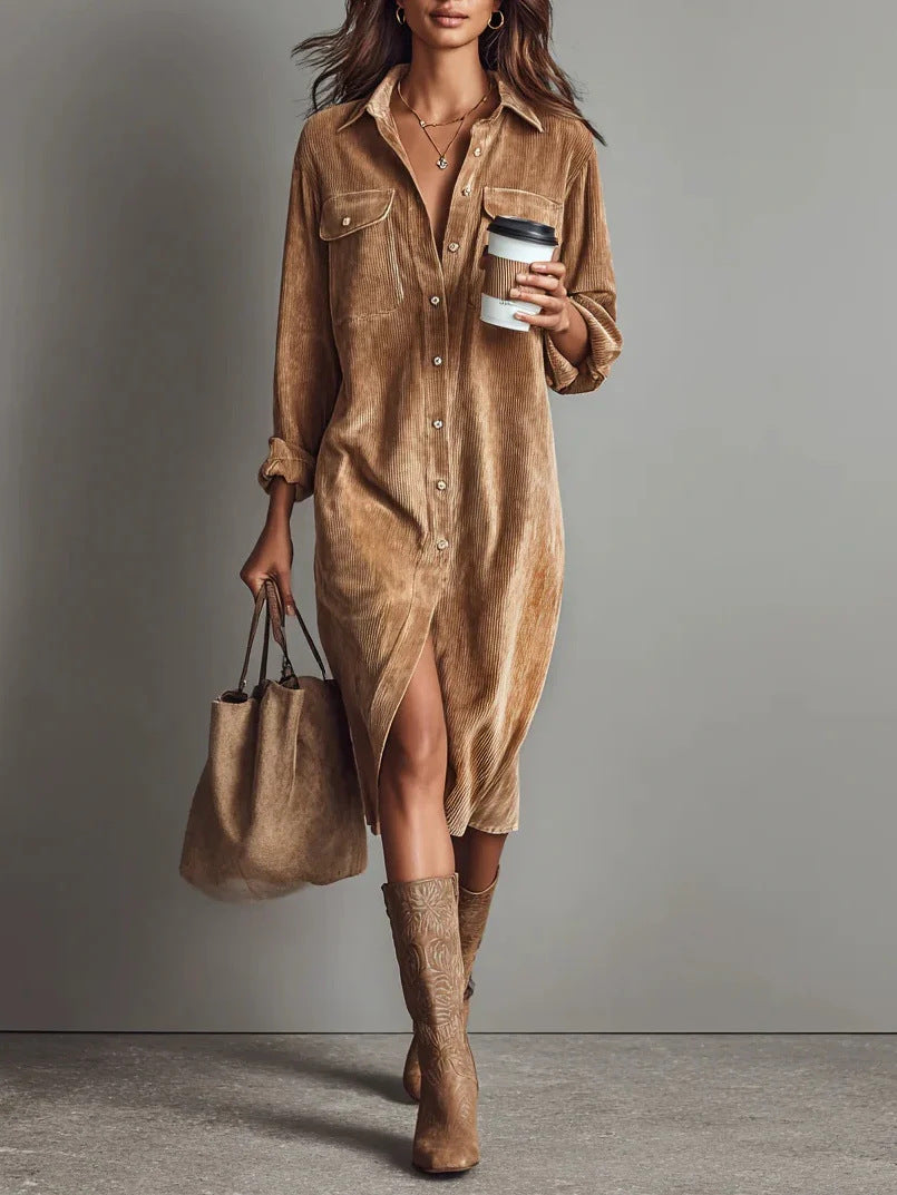 Turn-Down Collar Buttons Chic Casual Dress